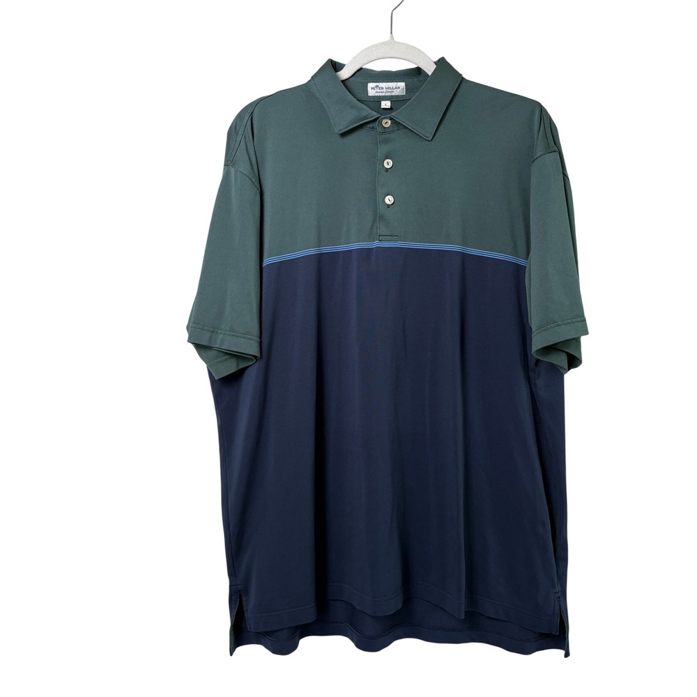 Peter Millar Summer Comfort Polo Shirt Mens L Green Navy Blue Golf Casual Preppy